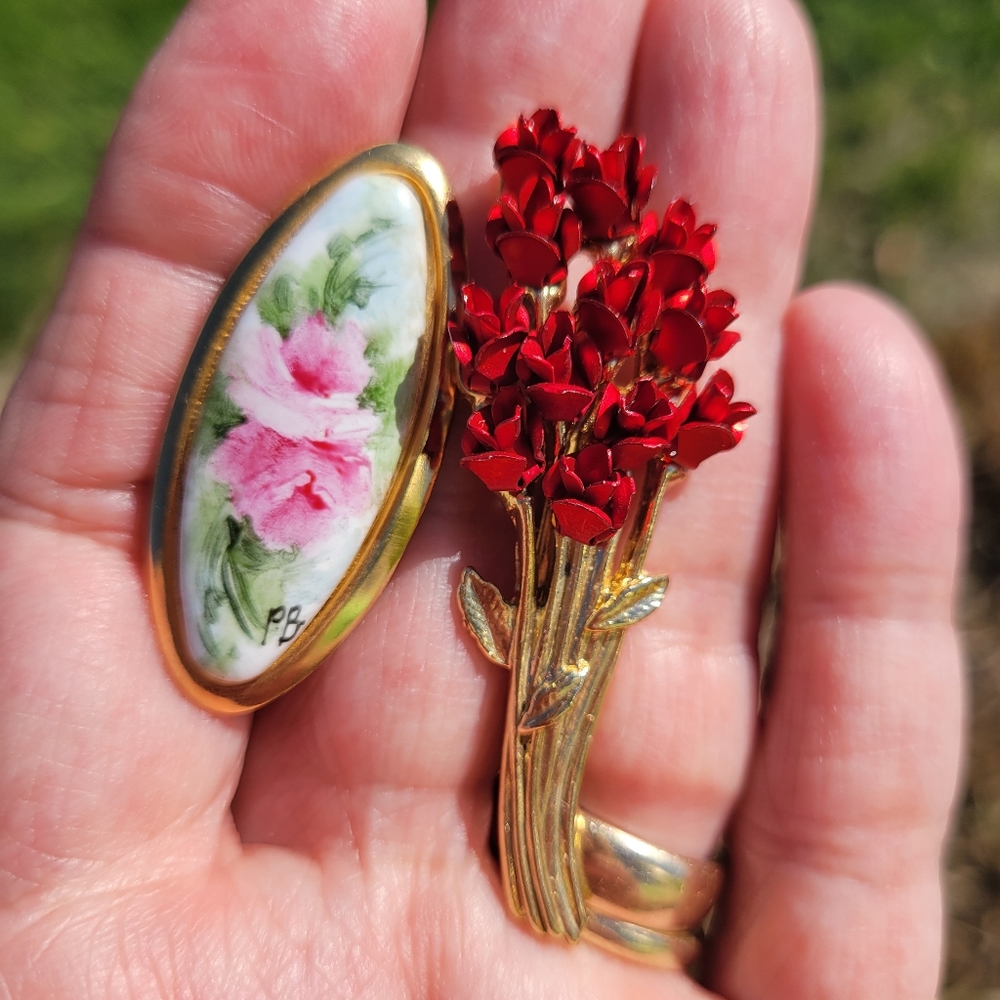 Duo of Floral Brooches ~ DM '97 Rose Bouquet ~ Hand-painted Porcelain Roses